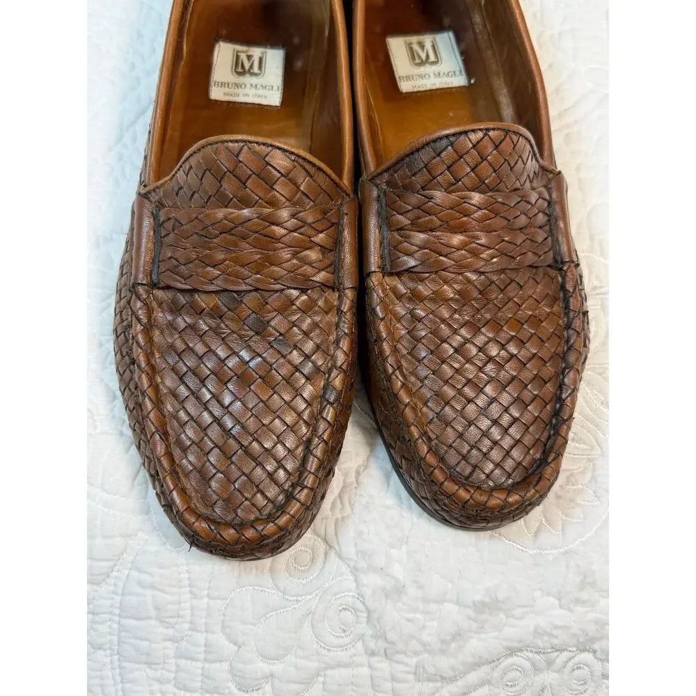 Bruno Magli Mens 9M Brown Basketweave Leather Slip On Dress Loafers Shoes Casual